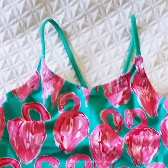 NEW Girls SZ14 One Piece Flamingo Bathing Suit Turquoise - Picture 2 of 10